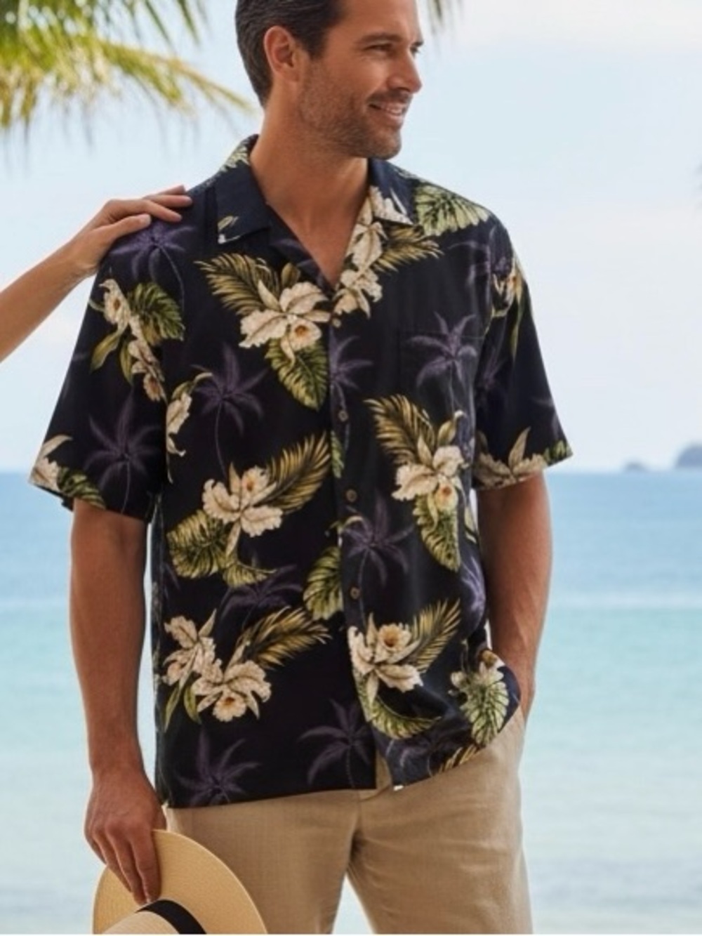Vintage Men’s KY’s Hawaii Tropical Button Shirt Size L Black Green 100% Cotton